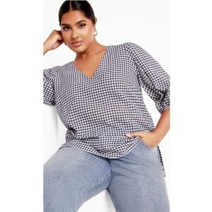 City Chic Sasha Navy Check Gingham V-Neck Puff Sleeve Cotton Top XXL 24